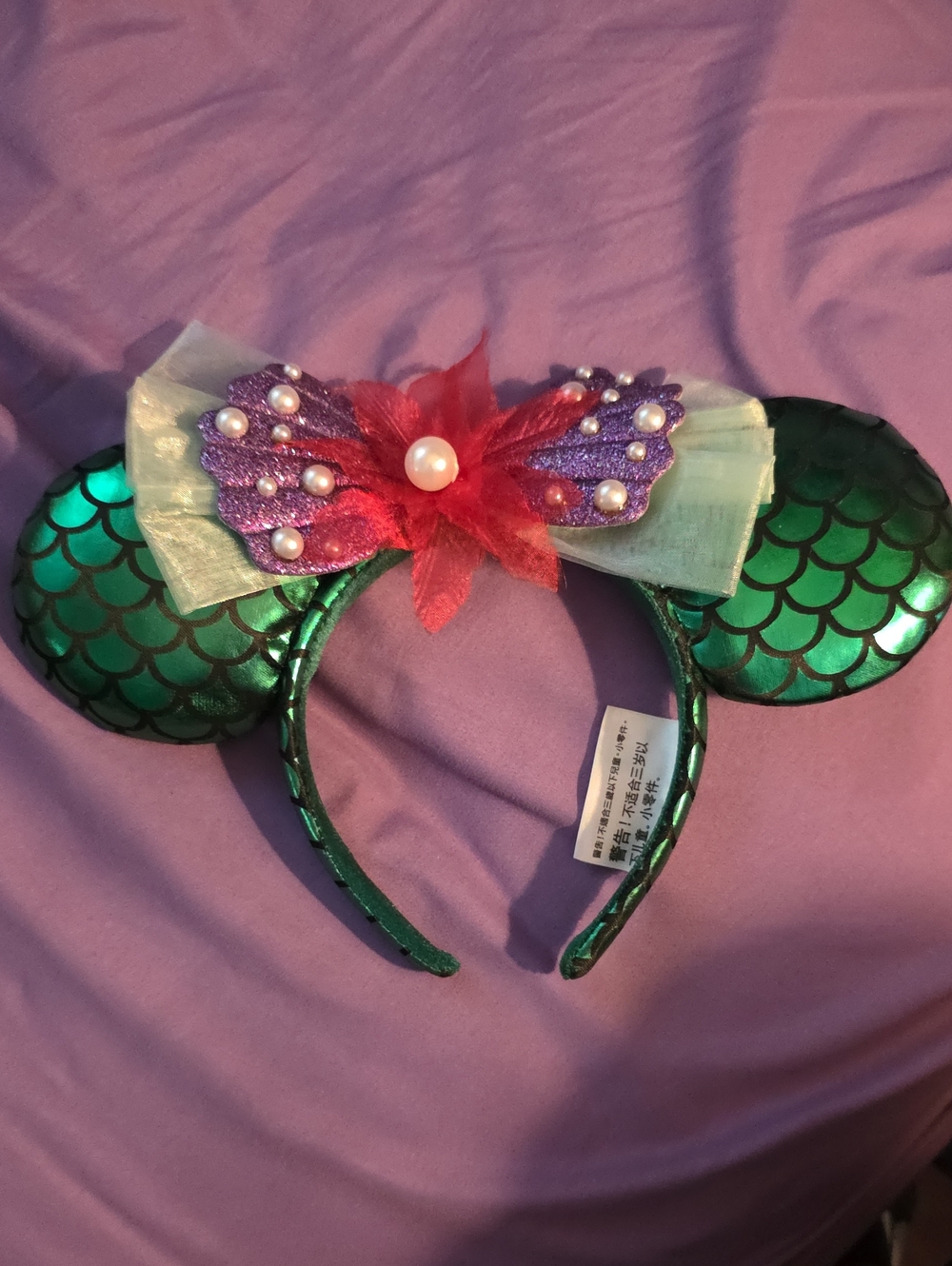 The Little Mermaid Scale Headband with Pink Bow and Pearls